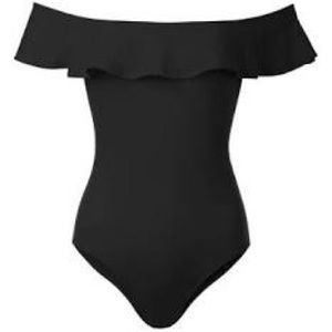 flounce off the shoulder body suit in black